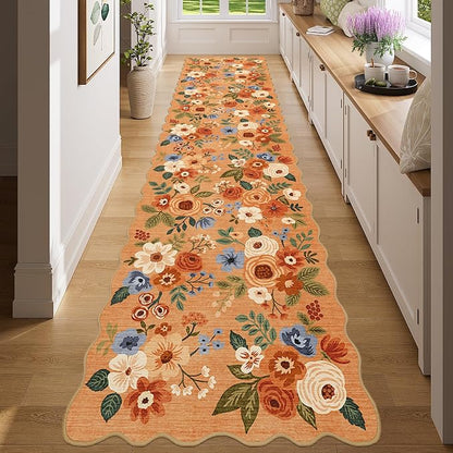 DUKINO 2x8 Washable Runner Rug, Lightweight Soft Floral Hallway Rug Runner with Low Pile Design, Non Shedding & Non Slip Backing Thin Indoor Carpet for Bedroom, Bathroom, Entrance, Kitchen, Orange