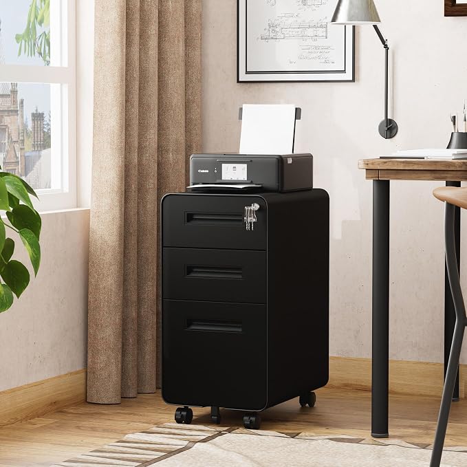 3 Drawers Slim File Cabinet, Mobile Filing Cabinet with Lock, Steel, Fully Assembled Except Casters, for Home Office, for A4, Letter, Legal File Folders, Black