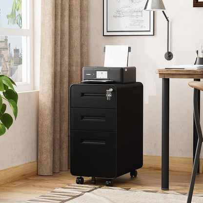 3 Drawers Slim File Cabinet, Mobile Filing Cabinet with Lock, Steel, Fully Assembled Except Casters, for Home Office, for A4, Letter, Legal File Folders, Black