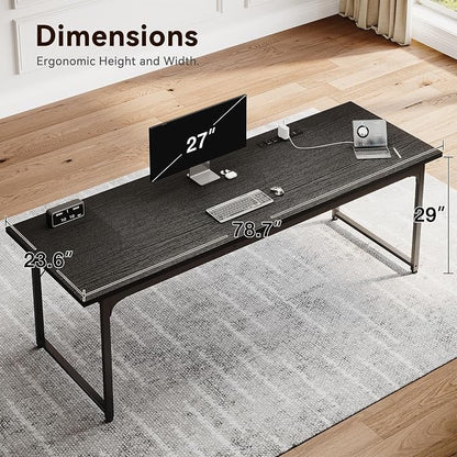 Coleshome 79 Inch Large Computer Desk with Power Outlet, Extra Long Desk for Home Office & Gaming, Spacious Writing Table for Study and Crafting, Black