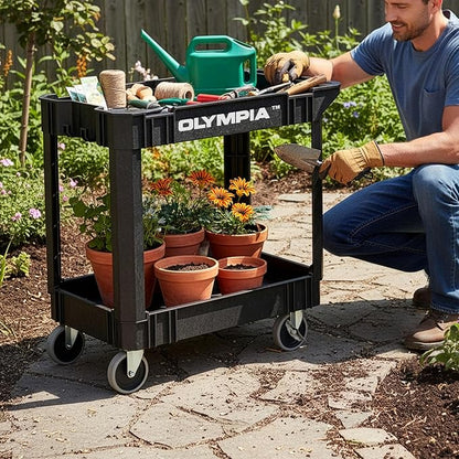 Olympia Tools 2 Shelf Black Rolling Utility Cart - Supports Up to 500 lbs, Comfort Handle - Heavy Duty Carts with Wheels - Great for Warehouse, Garage, Manufacturing, Cleaning