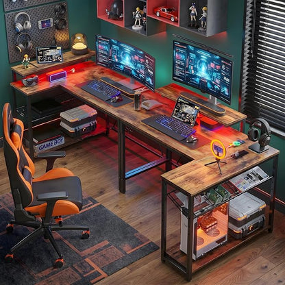 Bestier Gaming Desk with Power Outlets, 42" L-Shaped Gaming Desk with LED Lights, Desk with Reversible Storage Shelves & Hooks for Small Spaces, Bedrooms & Offices,Rustic Brown