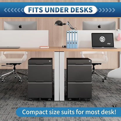 2 Drawer File Cabinet with Lock,Under Desk Storage Metal Filing Cabinet for Legal/Letter/A4 File,Mobile Rolling for Home Office -Black
