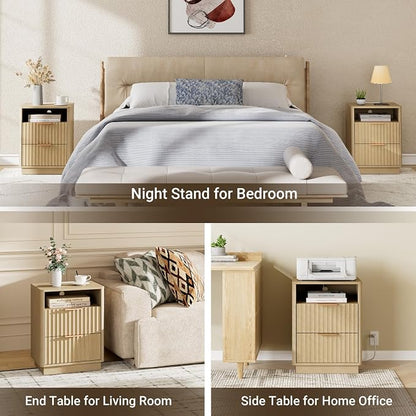 Fluted Nightstand, Modern Night Stand, 2 Drawers Nightstand with Charging Station, Wooden End Table w/Storage, Bedside Table for Bedroom Sofa Home Office, Curved Corners Design, Natural Oak