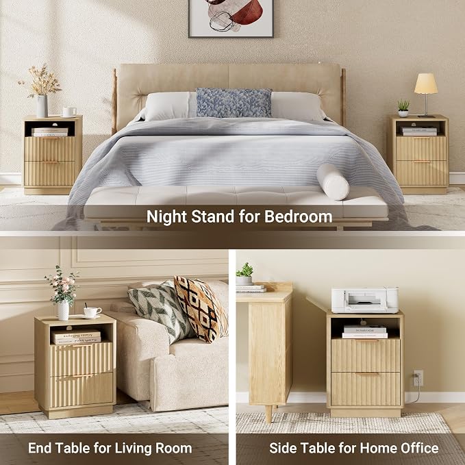 Fluted Nightstand, Night Stand Set 2, Modern Nightstands Set of 2 with Charging Station, 2 Drawer End Table w/Storage, Bedside Table for Bedroom Sofa Home Office, Curved Corners,Natural Oak