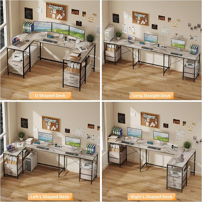 YOSHOOT 67" U Shaped Computer Desk, Reversible L Shaped Gaming Desk | Corner Desk with Power Outlets, 4 Drawers, 2 Storage Shelf, Computer Table with 4 Installation Methods, Grey