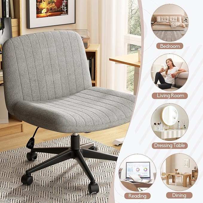 SUNLEI Cross Legged Office Chair with Wheels, Armless Wide Chair's for Vanity Desk, Criss Cross Comfy Chairs with Back, Desk Chair/s of Height Adjustable Swivel, Grey