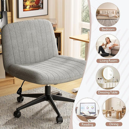 SUNLEI Cross Legged Office Chair with Wheels, Armless Wide Chair's for Vanity Desk, Criss Cross Comfy Chairs with Back, Desk Chair/s of Height Adjustable Swivel, Grey