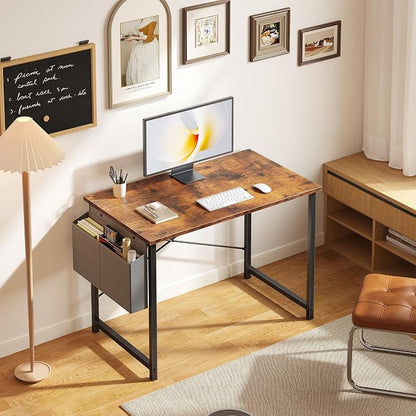 OLIXIS Small Computer Desk, 40 Inch Home Office Desks, Gaming Writing Study Craft Work Table, Modern Computer Workstation for Bedroom Small Spaces with Storage Bag, Rustic Brown