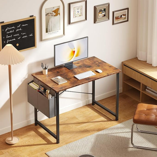OLIXIS Small Computer Desk, 40 Inch Home Office Desks, Gaming Writing Study Craft Work Table, Modern Computer Workstation for Bedroom Small Spaces with Storage Bag, Rustic Brown