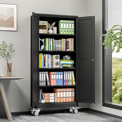 winiowa 71" Tall Metal Garage Storage Cabinet with Wheels, Steel Locking Rolling Tool Cabinet with 4 Adjustable Shelves for Garage,Home,Office (Black)