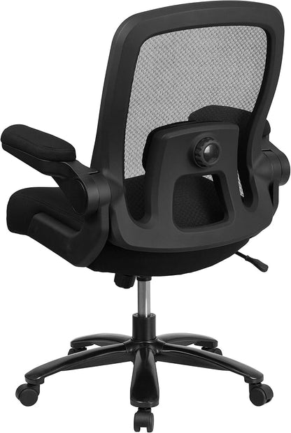 Flash Furniture Big & Tall Swivel Office and Gaming Chair with Lumbar and Back Support, Ergonomic Mesh Office Chair with Flip-Up Armrests and Adjustable Height, Black
