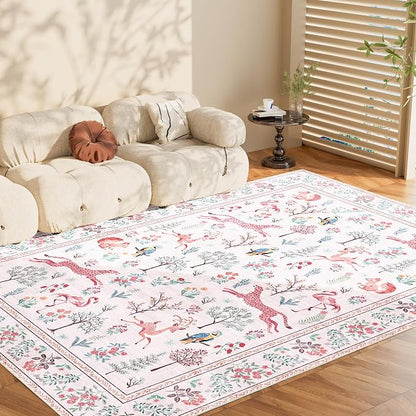 DUKINO 6x9 Rug, Washable Animal Living Room Rug with Non Slip Vintage Design, Soft Low Pile Large Carpet for Bedroom, Nursery, Dining Room, Farmhouse, Playroom, Pink