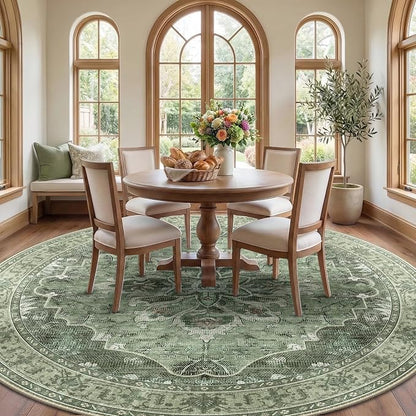 RELEANY Area Rugs Round 8ft Washable Non-Slip, Floral Vintage Distress Medallion Carpet for Living Room Bedroom Dining Room, Dark Green Gray