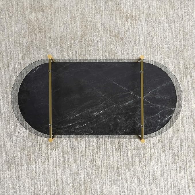 LumFurn Oval Glass Coffee Table, Mid-Century Modern Design, L41 x W21 x H17 inch, for Living Room, Grey Glass Top, Black Marble Finish Wood Shelf & Gold Finish Frame
