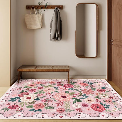 DUKINO 4x6 Area Rug, Floral Rugs for Living Room, Lightweight Non Slip Washable Rug, Indoor Low Pile & Non-Shedding Boho Design Rugs for Bedroom, Living Room, Dining Room, Pink