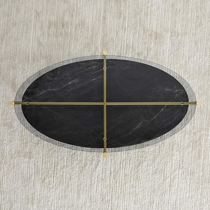 LumFurn Oval Glass Coffee Table, Mid-Century Modern Design, L43 x W22 x H17 inch, Surfboard Shaped Grey Glass Top and Black Marble Finish Wood Shelf, Tapered Legs with Gold Finish Frame