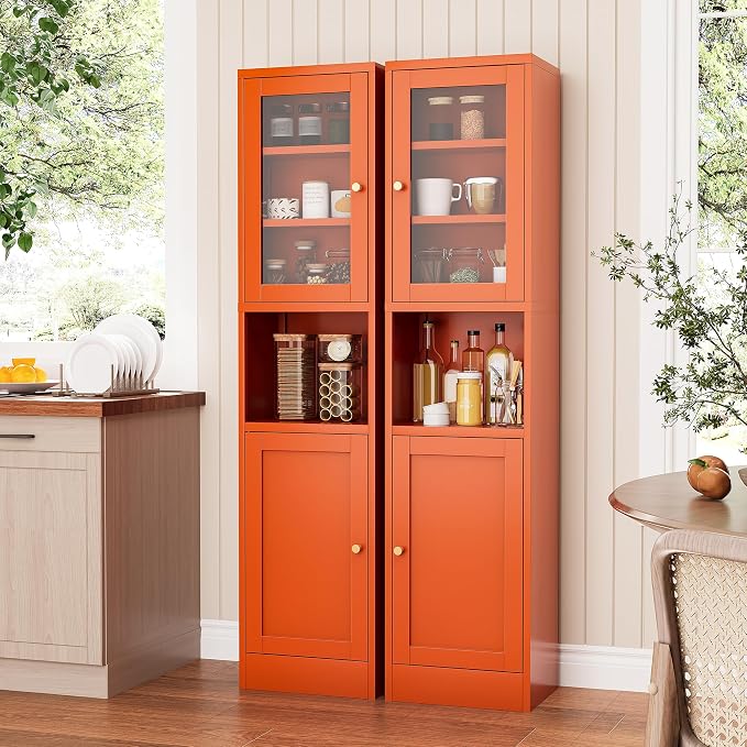 Metal Bathroom Storage Cabinet, Tall Narrow Cabinet with Glass Doors Ajustable Shelves Open Countertop, Slim Sideboard for Small Spaces, Living Room, Kicthen, Dining Room