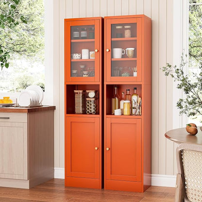 Metal Bathroom Storage Cabinet, Tall Narrow Cabinet with Glass Doors Ajustable Shelves Open Countertop, Slim Sideboard for Small Spaces, Living Room, Kicthen, Dining Room