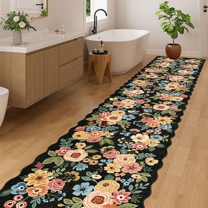 DUKINO 2.6x12 Runner Rug for Hallway, Non Slip Floral Washable Kitchen Rug with Low Pile Design, Boho Stain Resistant Floor Carpet Runner for Entryway, Bathroom, Laundry, Bedroom, Black