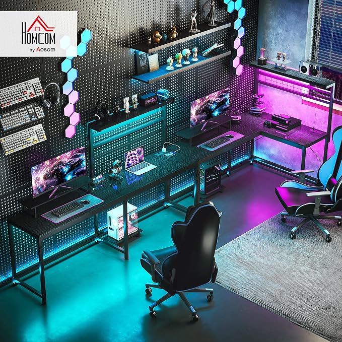HOMCOM Gaming Desk, 62" L Shaped Desk with Power Outlets & LED Lights, 86" 2 Person Computer Table with Shelf & Rolling CPU Stand, Reversible Corner Office Table with Hutch, Black