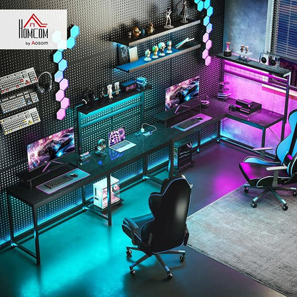 HOMCOM Gaming Desk, 62" L Shaped Desk with Power Outlets & LED Lights, 86" 2 Person Computer Table with Shelf & Rolling CPU Stand, Reversible Corner Office Table with Hutch, Black
