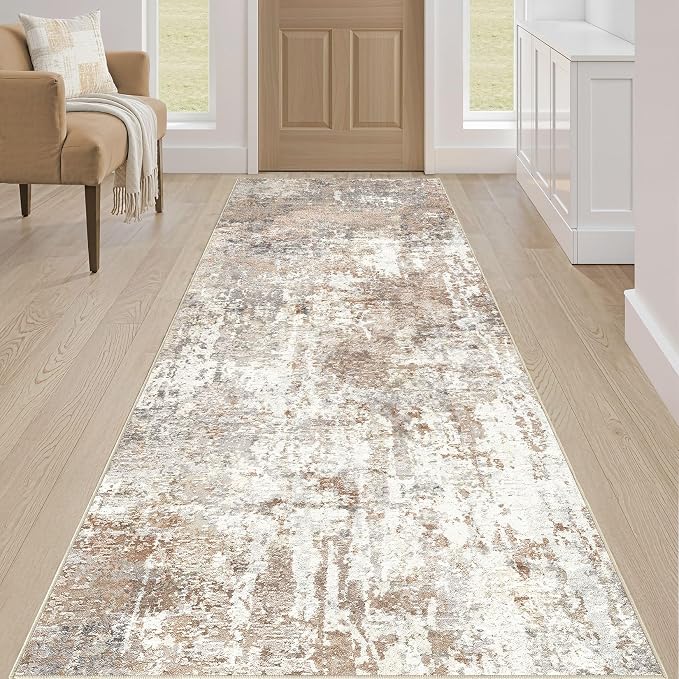 Runner Rug Kitchen Washable Rugs: 2x10 Non-Slip Abstract Soft Modern Stain Resistant Indoor Floor Neutral Accent Throw Carpet for Hallway Bathroom Laundry Room Entryway Bedroom- Brown