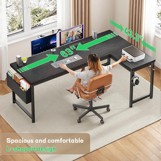 DurayLoly 63" Larger L Shaped Desk for 2 Monitors or 2 Laptops, Reversible Computer Desk with Power Outlets and USB-C Port, Gaming Desk with LED, 0.95" Thicker Office Corner desk for Study, Work Black