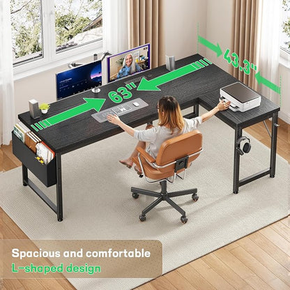 DurayLoly 63" Larger L Shaped Desk for 2 Monitors or 2 Laptops, Reversible Computer Desk with Power Outlets and USB-C Port, Gaming Desk with LED, 0.95" Thicker Office Corner desk for Study, Work Black