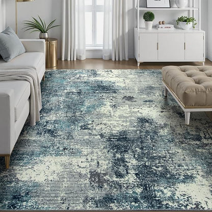 Lahome Abstract 8x10 Area Rugs,Washable Blue Grey Living Room Rug Non-Slip,Low-Pile Soft Modern Bedroom Floor Carpet Indoor for Dining Room Kids Playroom (Teal/Blue)