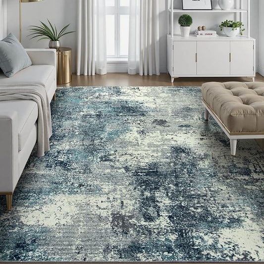Lahome Abstract 8x10 Area Rugs,Washable Blue Grey Living Room Rug Non-Slip,Low-Pile Soft Modern Bedroom Floor Carpet Indoor for Dining Room Kids Playroom (Teal/Blue)