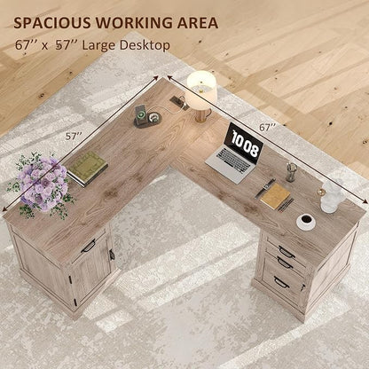 Whalefall 67'' Farmhouse L-Shaped Desk with Drawers for Home Office, Gray | Computer Corner Desk with File Cabinet and Charging Station, Large Executive L Desk with Locking Drawers Storage
