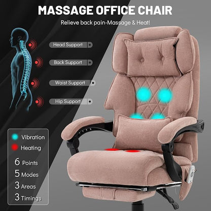 Massage Office Chair with Foot Rest,6 Points Vibration & Heat Executive Office Chairs,Ergonomic Fabric Desk Chair for Heavy People,Big and Tall Office Chair 500LBS,Recliner with Dual-Use Pillow,Pink