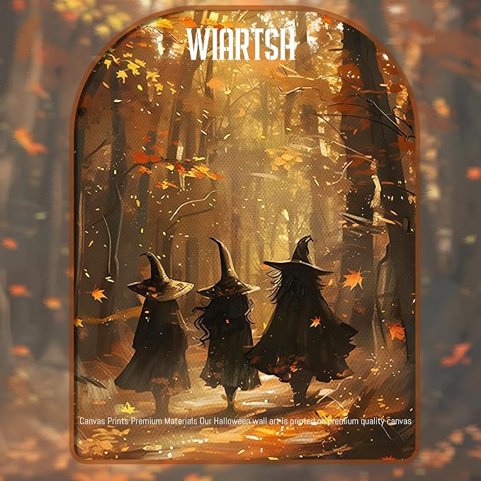 Framed Halloween Witch Wall Art - Autumn Forest Witch Canvas Print, Vintage Gothic Dark Academia Halloween Wall Decor, Spooky Fall Artwork for Bedroom Living Room Home 12x16in Wood Frame