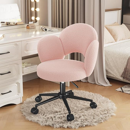 Homkdom Petal Vanity Chair with Wheels, 3.94" Thick Comfy Desk Chair, Swivel Armless Chair with Open Back and Adjustable Height, Ideal for Makeup Study Work and Relaxation, Pink