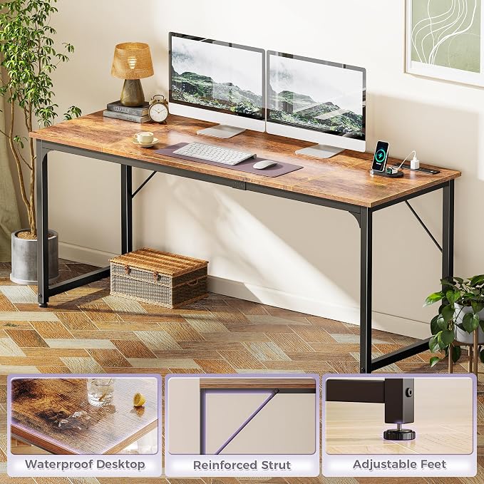 PRAISUN 70 X 24 Inch Office Computer Desk with Power Outlets and USB-C Port, Larger and Longer Gaming Desk, for Home Office, Study, Writing Work from Home Table, Metal Frame, Rustic Brown