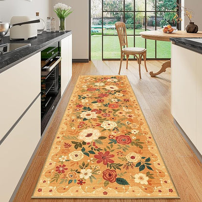 DUKINO Runner Rug, 2.6x8 Kitchen Rug for Hallway with Non Slip Backing, Washable Low Pile Soft Boho Floral Runner Carpet for Hallway, Kitchen, Entryway, Laundry, Bedroom, Orange