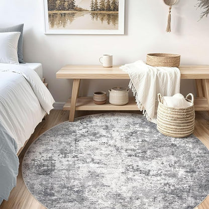 UERMEI 6ft Round Area Rug Living Room Rugs - 6x6 Washable Neutral Modern Abstract Soft Thin Rug Indoor Floor No Slip Rug Carpet for Bedroom Under Dining Table Home Office Decor - Grey