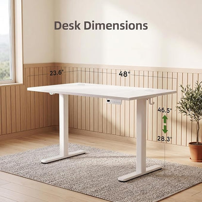 Claiks Electric Standing Desk 48 x 24 Inches, Motorized Sit Stand Desk with 3 Memory Presets & Cable Management, Spacious Ergonomic Computer Workstation for Dual Monitors & Gaming Setup, White