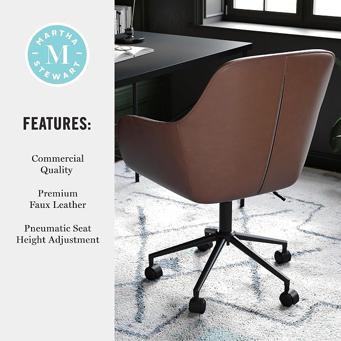 Martha Stewart Rayna Swivel Task Chair with Flared Arms for Home Office in Saddle Brown Faux Leather with Oil Rubbed Bronze Frame
