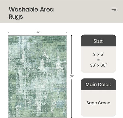 Valenrug Washable Rugs 3x5 - Stain Resistant 3x5 Area Rugs for Living Room, Non Slip Backing Abstract Entryway Rugs for Bedroom, Folable Machine Washable Area Rug(3'x5', Sage Green)