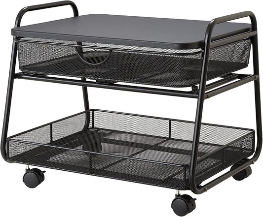 Safco 5208BL Onyx Under-Desk Rolling Machine Stand, Black, 21"W x 16"D x 17.5"H for Printer and Fax Machines With Basket and Drawer Storage. Perfect for Home, Office and Classrooms