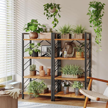 DurayLoly 2 Pieces 4 Tier Bookshelf, Industrial Bookcase with Metal Frame and Sidebars, Small Bookshelf for Bedroom, Home Office and Living Room, Rustic Brown