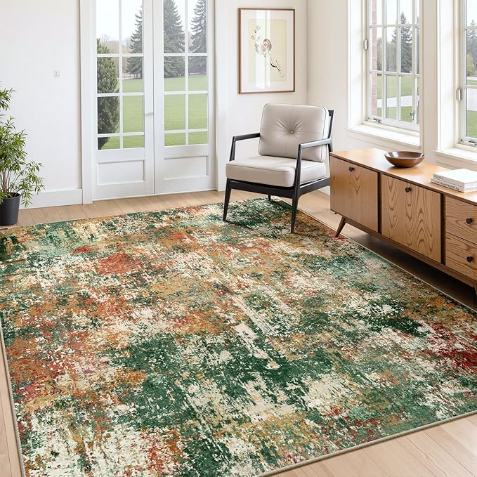 RELEANY Washable Area Rugs 4'x6' Non-Slip Modern Abstract Soft for Living Room Entryway Bedroom Kitchen, Print Pattern, Green Orange Rust Red Cream Colorful
