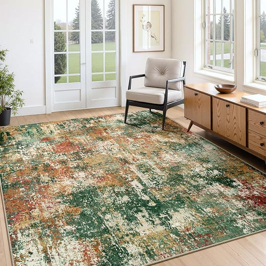 RELEANY Washable Area Rugs 4'x6' Non-Slip Modern Abstract Soft for Living Room Entryway Bedroom Kitchen, Print Pattern, Green Orange Rust Red Cream Colorful