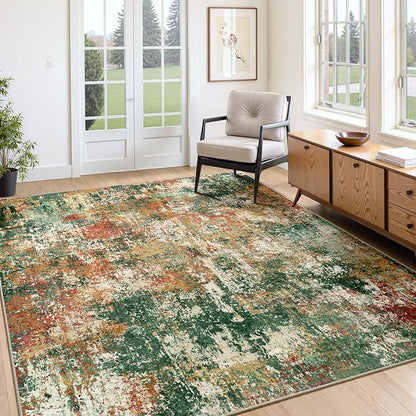 RELEANY Washable Area Rugs 5'x8' Non-Slip Modern Abstract Soft for Living Room Entryway Bedroom Kitchen, Print Pattern, Green Orange Rust Red Cream Colorful