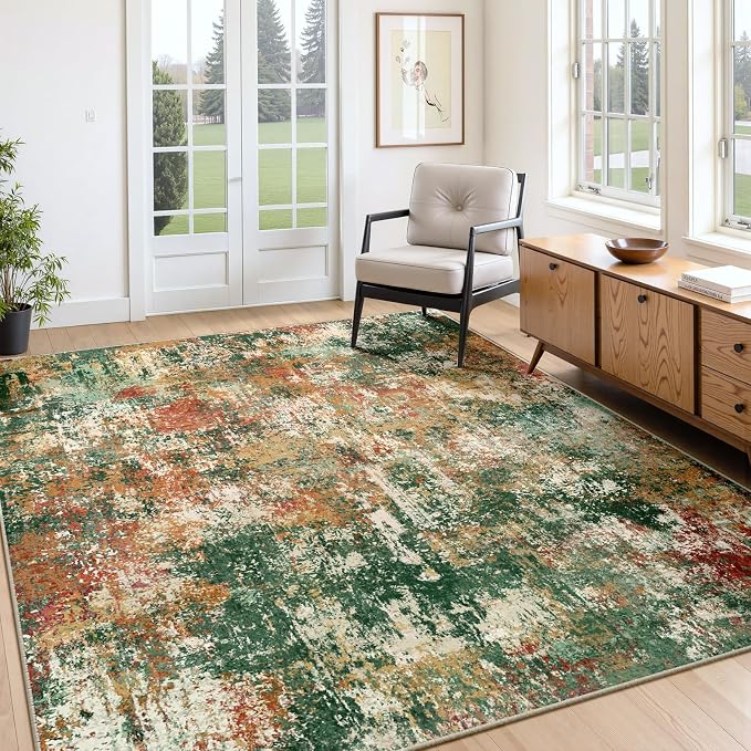 RELEANY Washable Area Rugs 6'x8' Non-Slip Modern Abstract Soft for Living Room Entryway Bedroom Kitchen, Print Pattern, Green Orange Rust Red Cream Colorful