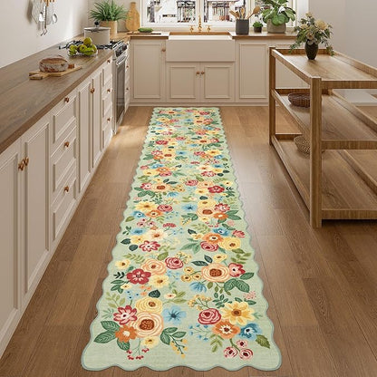 DUKINO Washable 2.6x12 Runner Rug for Hallway, Non Slip Floral Washable Kitchen Rug with Low Pile Design, Boho Stain Resistant Floor Carpet Runner for Entryway, Bathroom, Laundry, Bedroom, Green