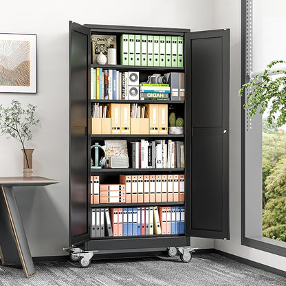 Metal Garage Storage Cabinets and storage system, 74”Tall Rolling utility cabinet with Wheels, Lock, 5 Adjustable Shelves, Heavy Duty Steel Tool Locker for Home Office, Utility Room, Gym,Black