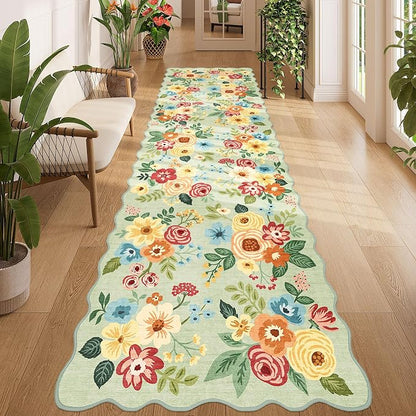 DUKINO 3x10 Washable Runner Rug, Non Slip Floral Ultra Soft Runner for Hallway, Lightweight Low Pile & Stain Resistant Long Throw Carpet for Kitchen, Bathroom, Entrance, Bedroom, Kids Room, Green
